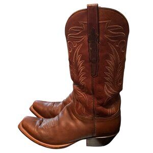 Lucchese Handmade Brown Leather Cowboy Boots Square Toe Mens Sz 10 USA